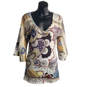 Citi Life Women's Multicolor Paisley Print V-Neck 3/4 Sleeve Top Sweater Size M